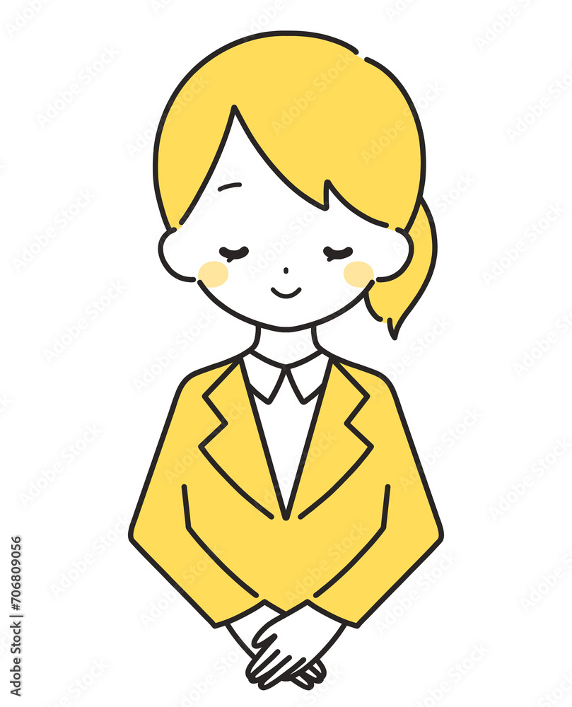 黄色｜笑顔でお辞儀をする女性｜スーツ