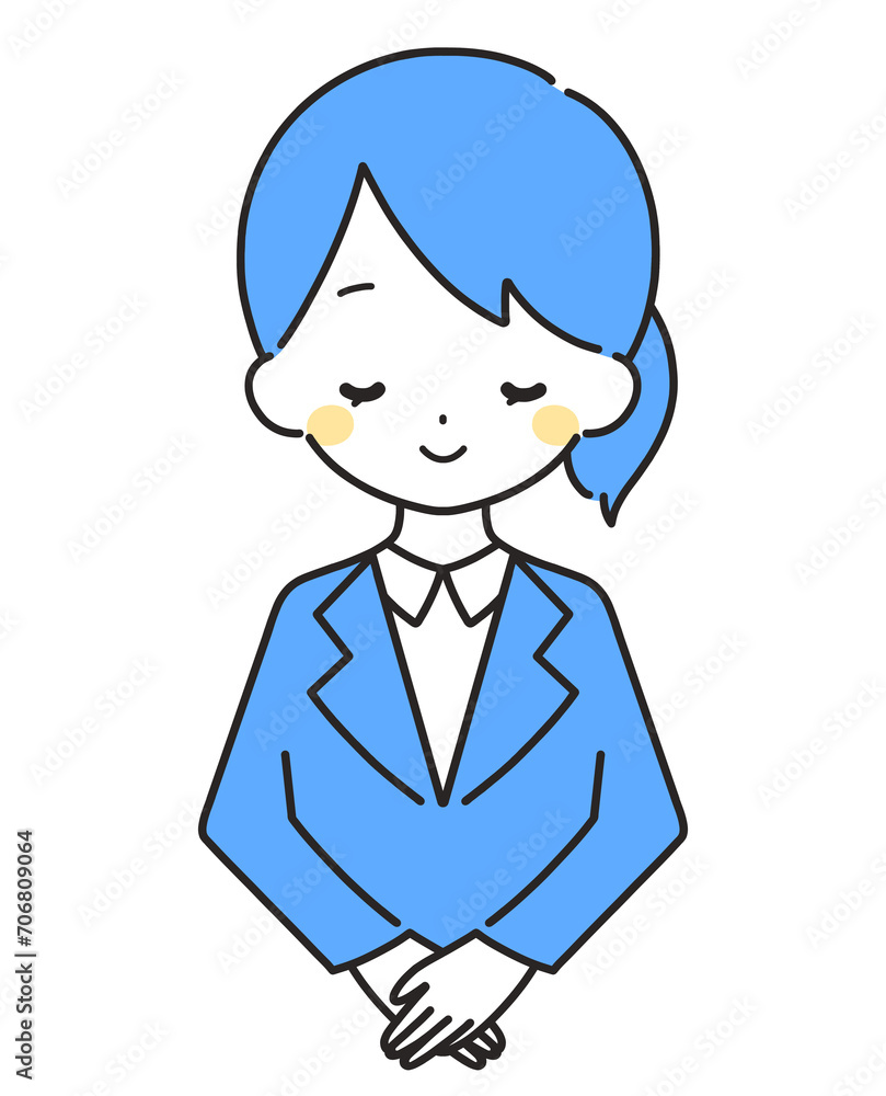 青色｜笑顔でお辞儀をする女性｜スーツ