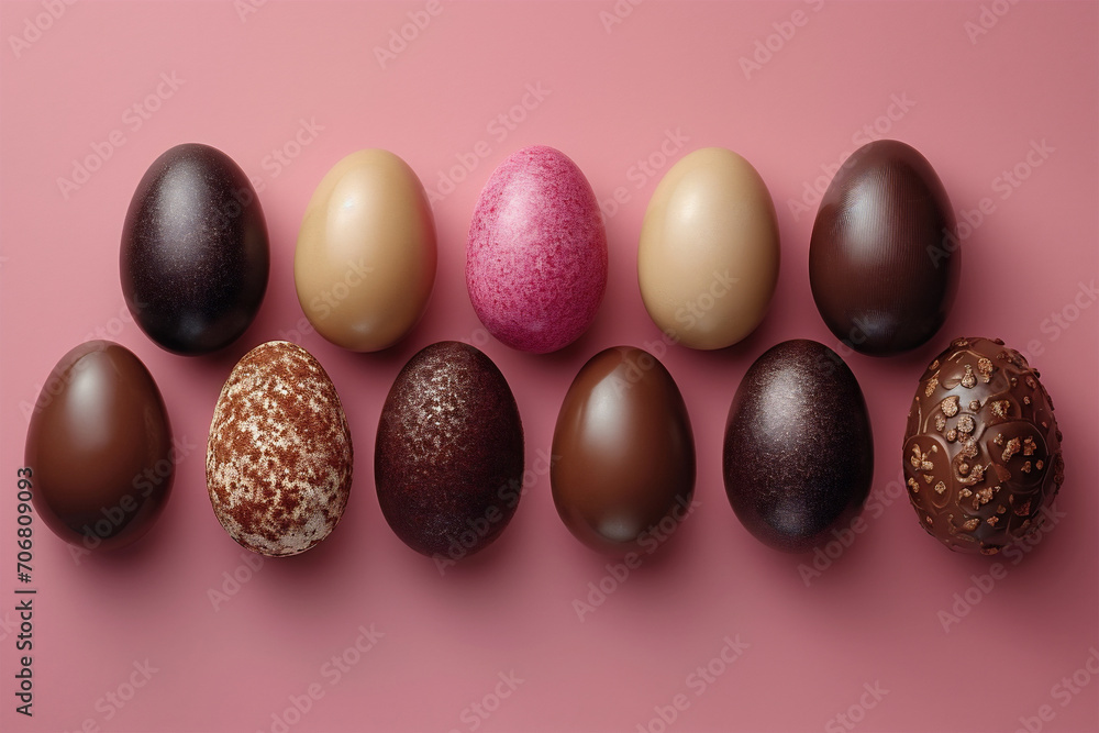 Happy Easter background decoration. Chocolate Easter eggs in row on pink background.