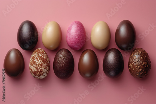Obraz na płótnie Happy Easter background decoration. Chocolate Easter eggs in row on pink background. w salonie