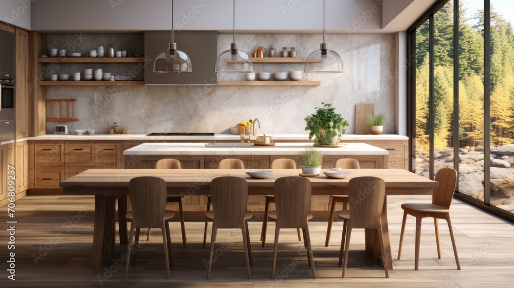 Modern Contemporary kitchen room interior. Wooden material and white color with a beautiful view Modern Contemporary kitchen room interior. Wooden material and white color with a beautiful view