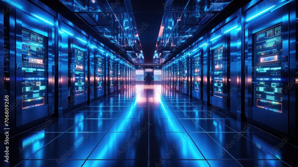 Server room in building with blue neon light