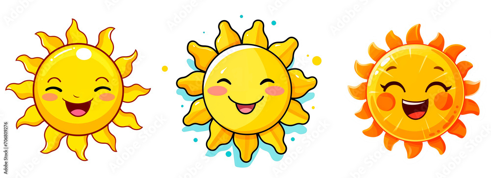 Set of drawn happy suns. The sweet sun smiles. Isolated on a transparent background.