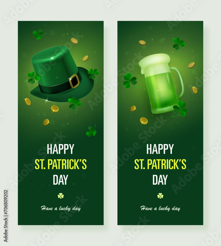 Saint patrick's day celebration vertical banner design template with realistic 3d top hat, clover and green beer mug on green background. Vector illustration