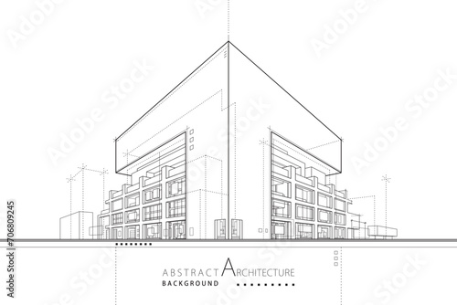 3D illustration abstract urban building out-line drawing of imagination architecture building construction design.