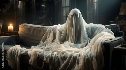 Ghost covered with a white sheet on a living room sofa