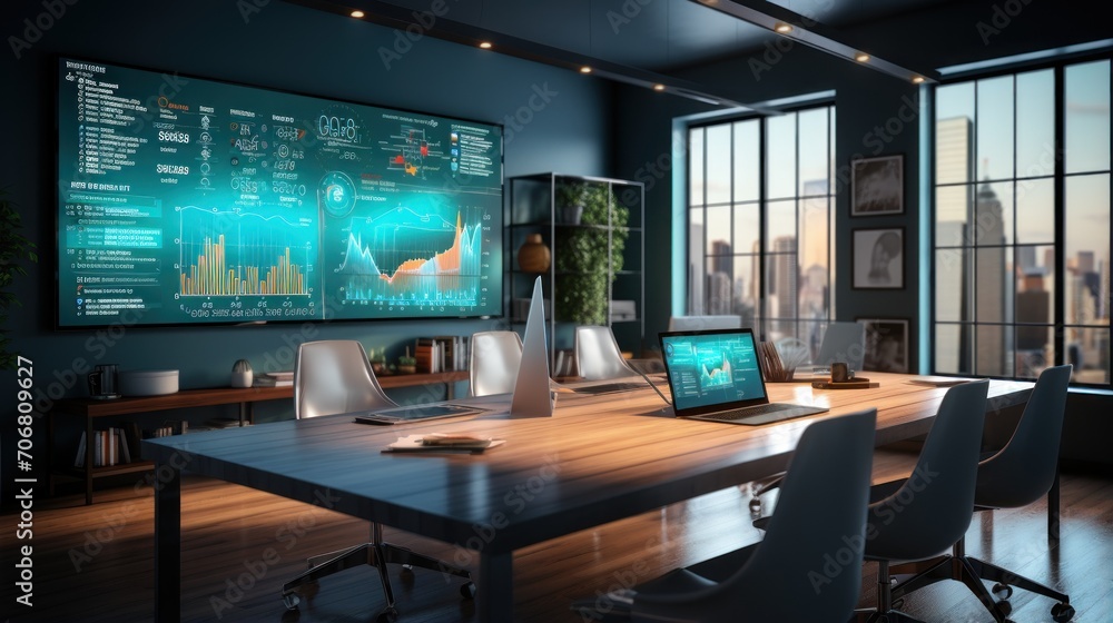 Modern Meeting Room with Large Conference Table with Documents and Laptop on it, on Large television Wall Modern Meeting Room with Large Conference Table with Documents and Laptop on it, on Large television Wall