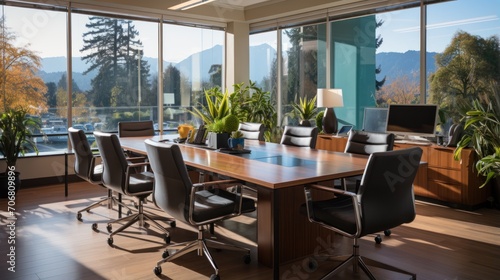 The modern furnished conference room is beautifully designed with a light blue concept