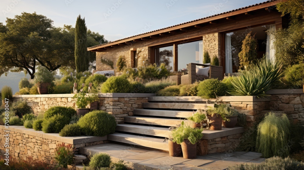 Modern terrace design: Hill plots covered with natural flagstones are different from those planted with plants Modern terrace design: Hill plots covered with natural flagstones are different from those planted with plants