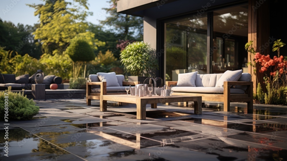 Modern garden and terrace design with wooden floor and grass plants, box bushes, trees on plot with crushed stone Modern garden and terrace design with wooden floor and grass plants, box bushes, trees on plot with crushed stone