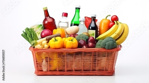 Balanced Wooden background with basket full of vegetables