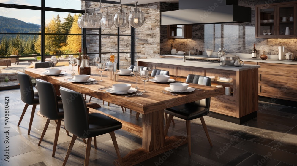 Modern kitchen interior with granite, wooden furniture and table and chairs