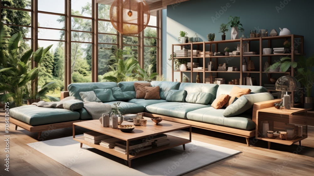 Modern open living room interior with modular sofa, wooden table, pillows, tropical plants and elegant accessories Modern open living room interior with modular sofa, wooden table, pillows, tropical plants and elegant accessories