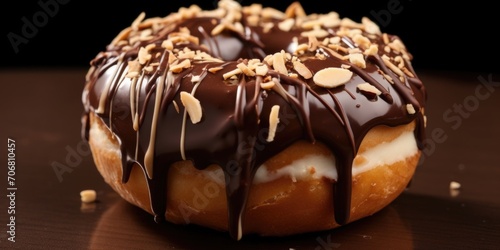 An enticing photograph capturing a donut filled with velvety smooth Bavarian cream, topped with a drizzle of rich chocolate ganache and finished off with delicate chocolate shavings.