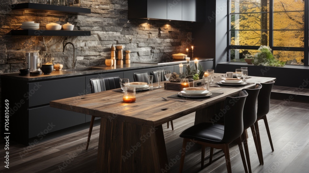 Modern kitchen with wooden furniture and floors and marble walls in all black