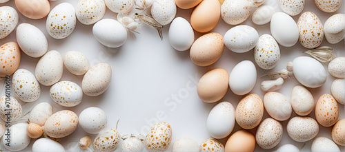 Pastel colored easter eggs speckled and painted with gold, top down view flatlay background © Ekaterina