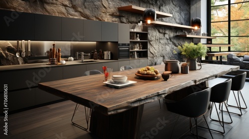 Modern kitchen with wooden furniture and floors and marble walls in all black