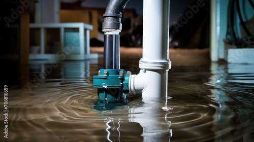 An upclose shot of a sump pump hard at work, pumping out excess water and saving the day for homeowners. photo