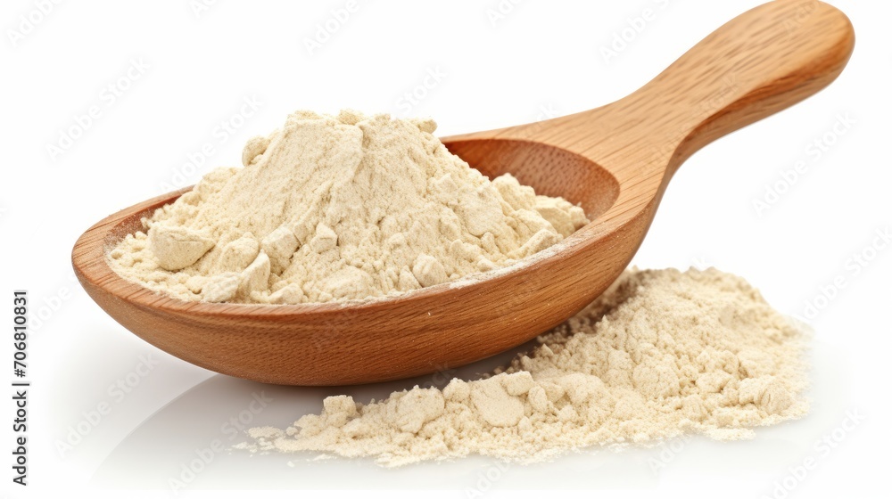 Uncooked oat bran in the wooden scoop, isolated on white background