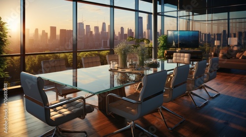 Modern style conference room with furniture at sunrise © Prasojo