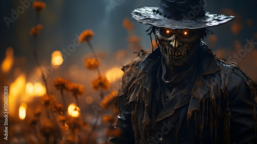 animated spooky scarecrow in a corn field on halloween night. atmospheric chilling background