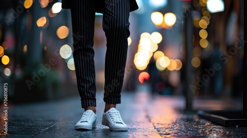 Breaking gender norms with a sleek pinstripe suit, sporty white sneakers, and a basic black tee. photo