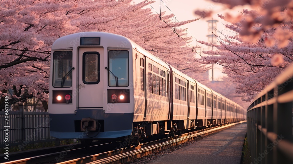 The train passes through the cherry trees in Tokyo