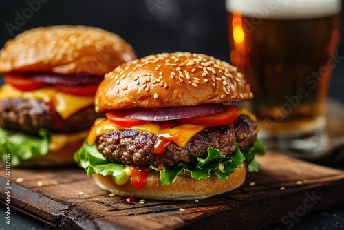 Two delicious homemade burgers of beef, cheese and vegetables on an old wooden table.