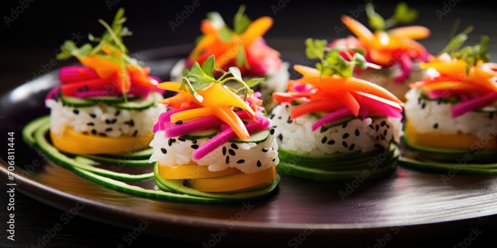 An artistic presentation highlights the delicate expertise behind vegan sushimaking, with rolls meticulously intertwined in a colorful dance of julienned bell peppers, crisp radishes, and