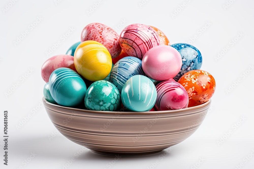 Fototapeta premium A basket with beautiful colored eggs on a white background.