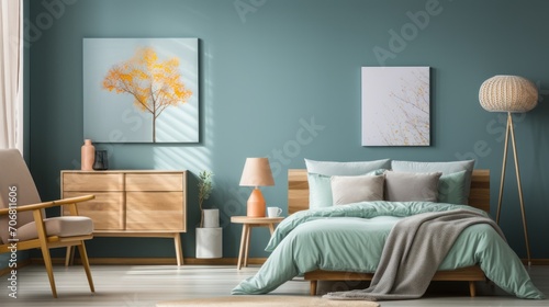 The interior of the children s bedroom is naturally bright with wooden furniture and turquoise colors
