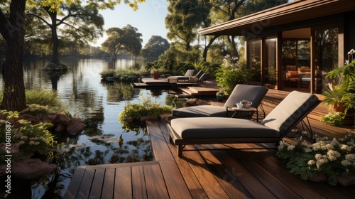 Natural home garden backyard with small pond, trees, plants, wooden deck, and furniture photo
