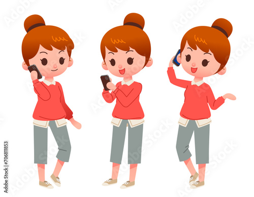 Vector collection of cute teenager girls characters in stylish clothing. Female characters in difference poses , talking on mobile phone. Isolated on white background
