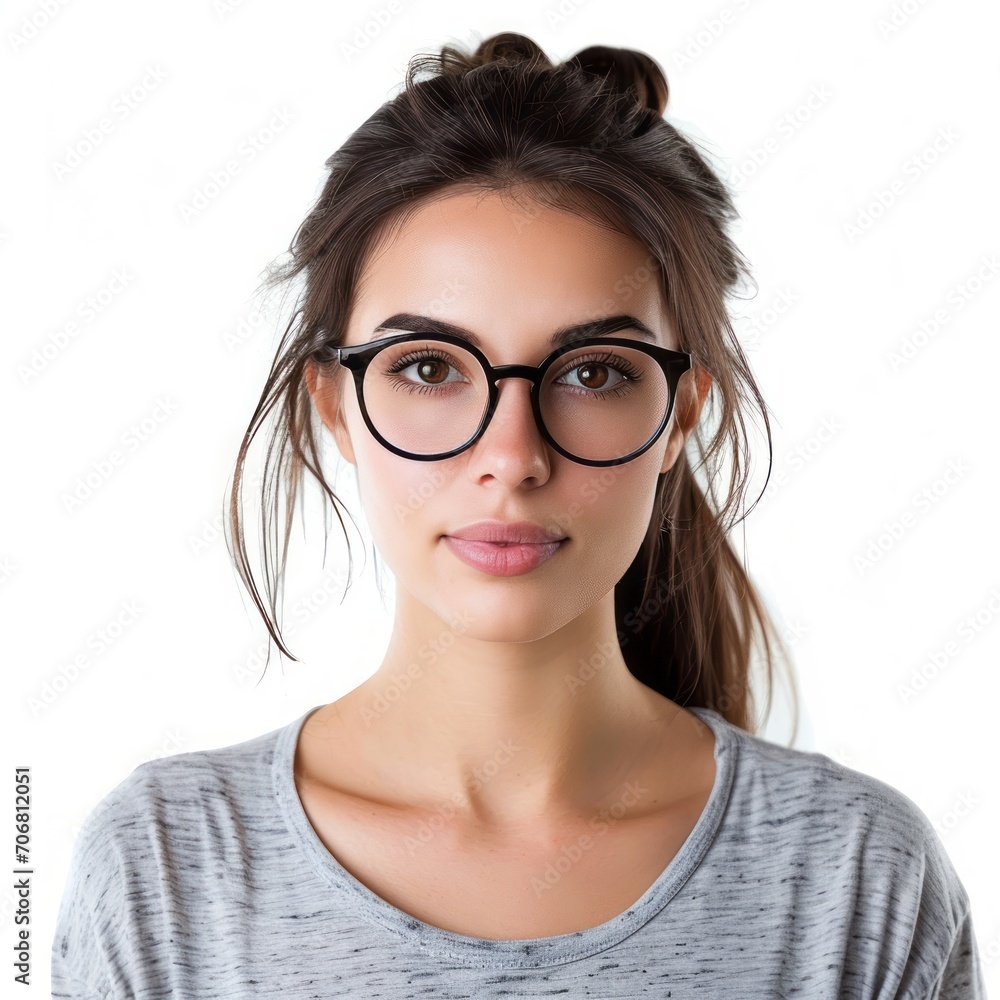Obraz premium a face portrait of a beautiful young white caucasian european woman girl female with straight long hair wearing glasses. isolated on white studio background in square format.