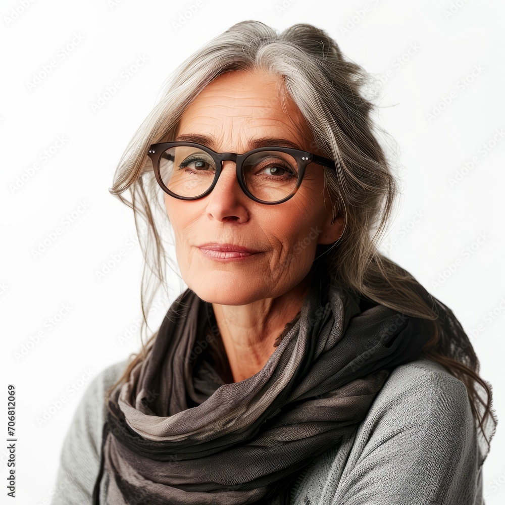 a face portrait of a beautiful mature old white caucasian european woman girl female with straight grey long hair wearing glasses. isolated on white studio background in square format. a face portrait of a beautiful mature old white caucasian european woman girl female with straight grey long hair wearing glasses. isolated on white studio background in square format.
