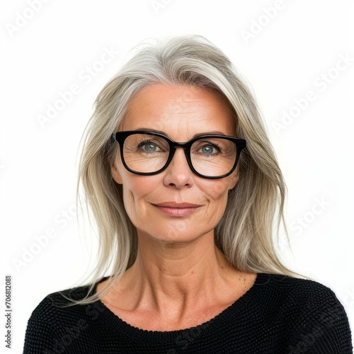 a face portrait of a beautiful mature old white caucasian european woman girl female with straight grey long hair wearing glasses. isolated on white studio background in square format. photo