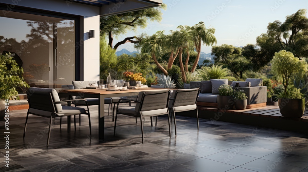 Outdoor patio area with gray floor tiles with seating