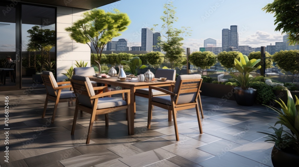 Outdoor patio area with gray floor tiles with seating