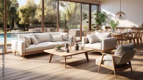 Open dining and living room interior with beige sofa, wooden table, cream colored chairs and plants.