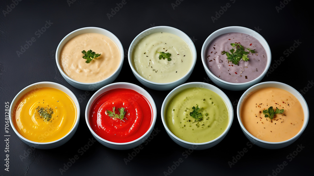 Balanced Flat lay homemade soups assortment Balanced Flat lay homemade soups assortment