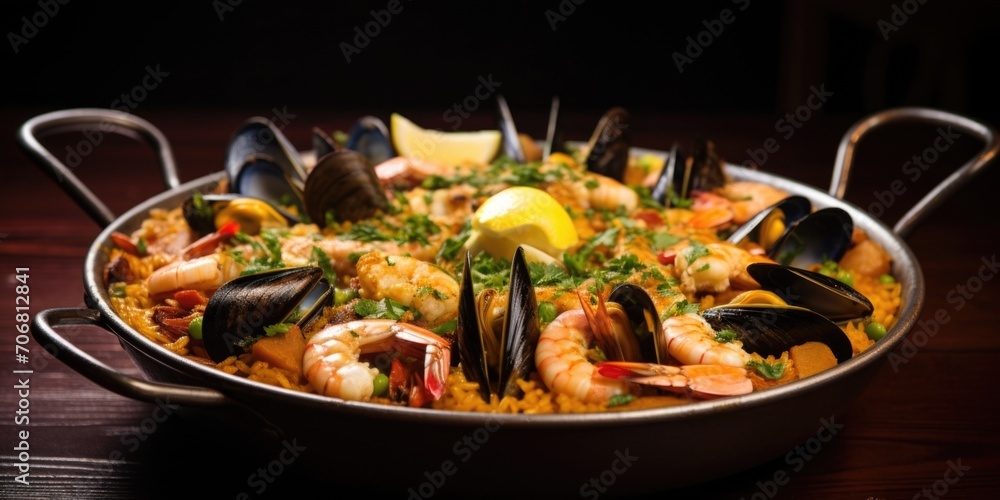 An enticing shot of a vibrant and flavorsome seafood paella, adorned with an array of fresh shrimp, tender calamari, plump mussels, and saffroninfused rice, garnished with a sprinkling of An enticing shot of a vibrant and flavorsome seafood paella, adorned with an array of fresh shrimp, tender calamari, plump mussels, and saffroninfused rice, garnished with a sprinkling of