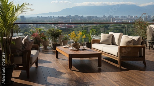 Panoramic view of the spacious terrace with wooden floors and furniture, as well as city views