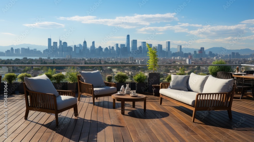 Fototapeta premium Panoramic view of the spacious terrace with wooden floors and furniture, as well as city views