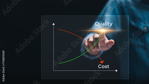 Cost and quality control concept, Businessman touch virtual quality control growth graph and cost reduction. cost optimization for products or services to improve customer satisfaction. photo