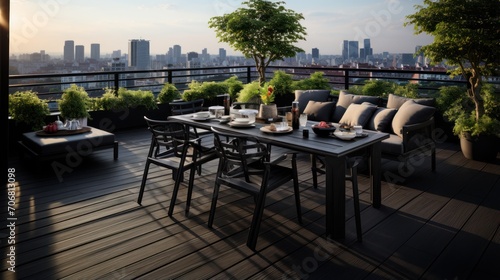 View of a modern roof terrace with dark wooden deck flooring, plants, railings and black furniture © Prasojo