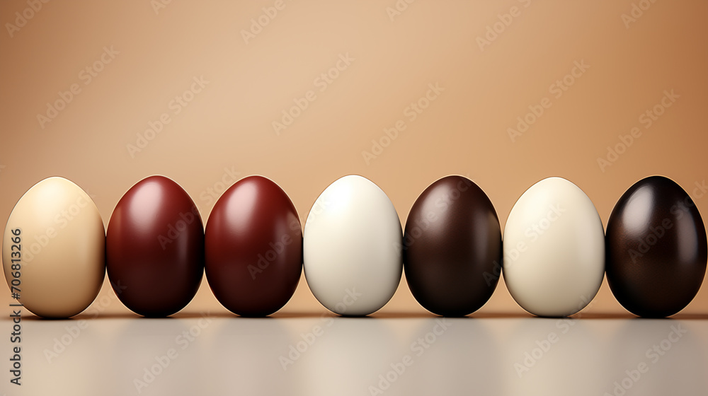 Happy Easter background decoration. Chocolate Easter eggs in row on light brown background.