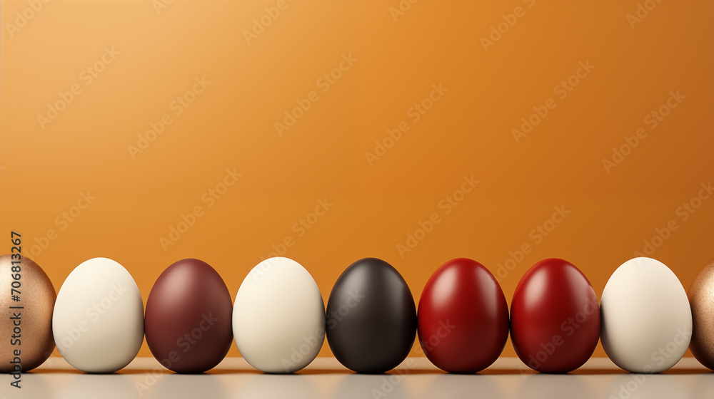 Happy Easter background decoration. Chocolate Easter eggs in row on orange background.