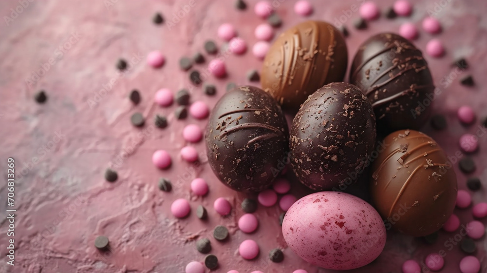 Happy Easter decoration background. Chocolate Easter eggs banner with copy space on rustic old rose background.