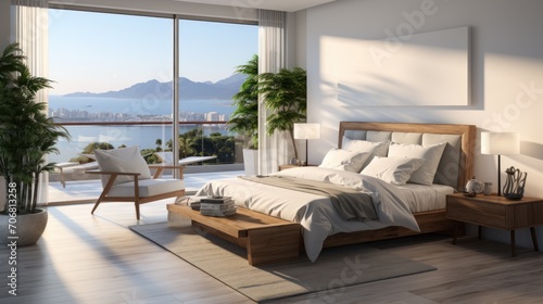 Beautiful panoramic view from a nice white stylish modern bedroom