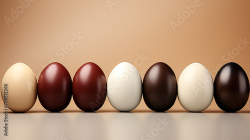Obraz na płótnie Happy Easter background decoration. Chocolate Easter eggs in row on light brown background. w salonie